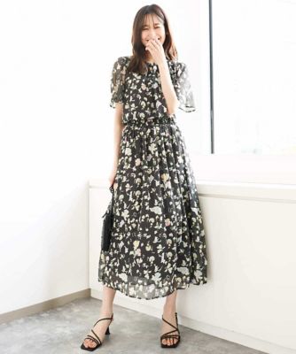 【小さいサイズ】フレアースリーブ花柄シフォンブラウス／洗える