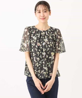【小さいサイズ】フレアースリーブ花柄シフォンブラウス／洗える