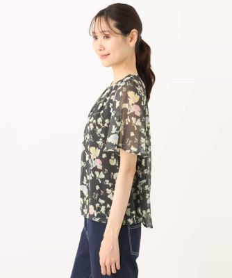 【小さいサイズ】フレアースリーブ花柄シフォンブラウス／洗える