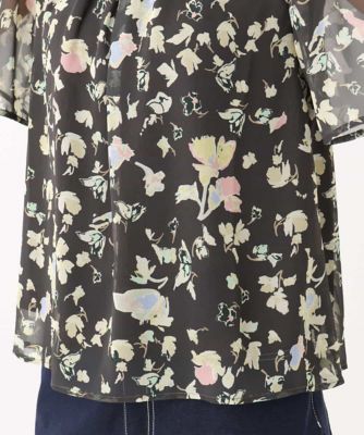 【小さいサイズ】フレアースリーブ花柄シフォンブラウス／洗える
