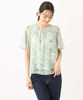 【小さいサイズ】フレアースリーブ花柄シフォンブラウス／洗える