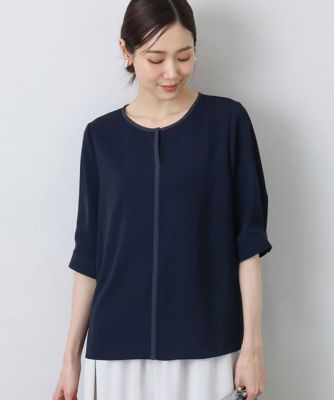 【小さいサイズ】配色パイピングＶネックブラウス／洗える