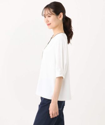 【小さいサイズ】配色パイピングＶネックブラウス／洗える