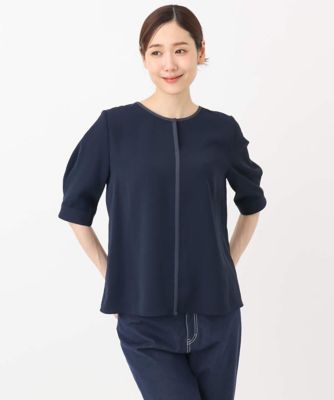 【小さいサイズ】配色パイピングＶネックブラウス／洗える