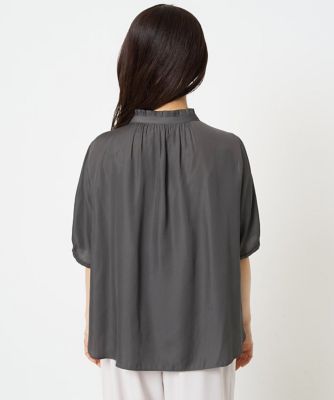 小さいサイズ】フリルネックデザインサテンブラウス／接触冷感／洗える