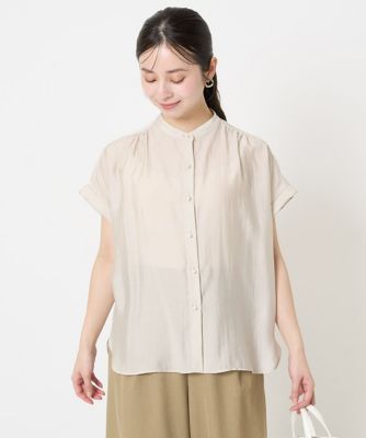 【小さいサイズ】バンドカラーシアーブラウス／洗える