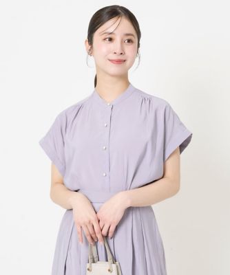 【小さいサイズ】バンドカラーシアーブラウス／洗える