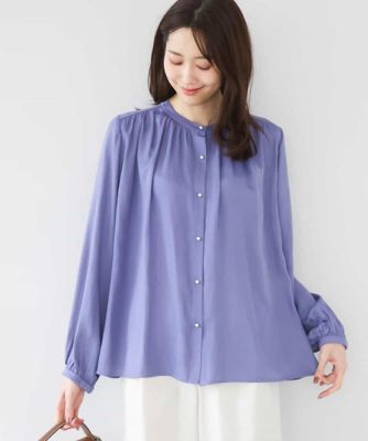 小さいサイズ】バンドカラーサテンブラウス／接触冷感／UVカット