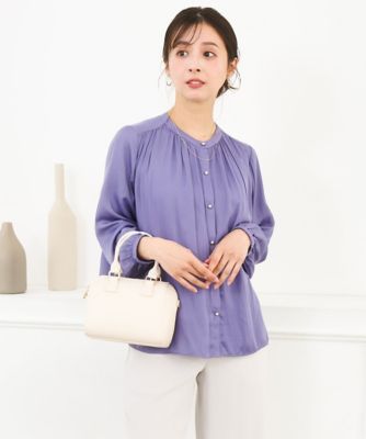 小さいサイズ】バンドカラーサテンブラウス／接触冷感／UVカット