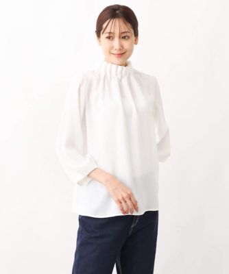【小さいサイズ】スタンドネックデザインブラウス／洗える