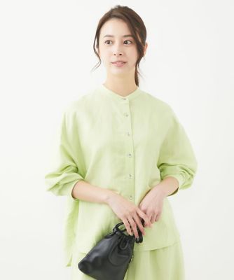 小さいサイズ】リネン混バンドカラーシャツブラウス／洗える