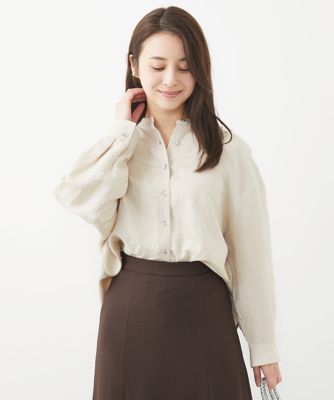 【小さいサイズ】リネン混バンドカラーシャツブラウス／洗える