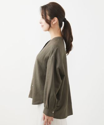 【小さいサイズ】リネン混バンドカラーシャツブラウス／洗える