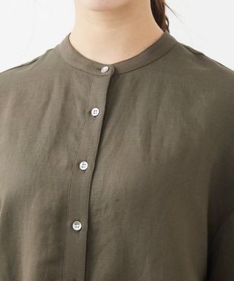 【小さいサイズ】リネン混バンドカラーシャツブラウス／洗える