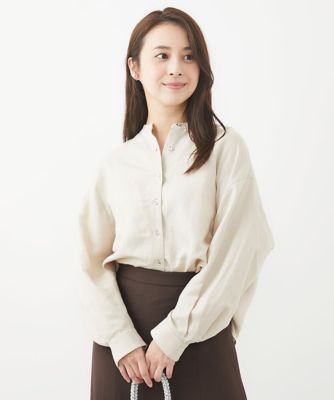 MK MICHEL KLEIN（Women/小さいサイズ）/エムケーミッシェルクラン 【小さいサイズ】リネン混バンドカラーシャツブラウス/洗える