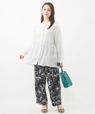 【小さいサイズ】ペプラムデザインバンドカラーブラウス／洗える