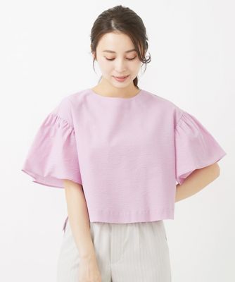 MK MICHEL KLEIN（Women/小さいサイズ）/エムケーミッシェルクラン 【小さいサイズ】コットンサッカーフレアスリーブショート丈ブラウス/洗える