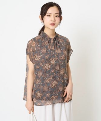 【小さいサイズ】更紗プリント花柄シフォンブラウス／前後２ｗａｙ／洗える