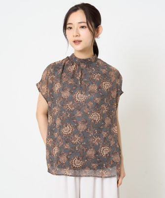 【小さいサイズ】更紗プリント花柄シフォンブラウス／前後２ｗａｙ／洗える