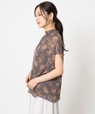 【小さいサイズ】更紗プリント花柄シフォンブラウス／前後２ｗａｙ／洗える