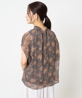 【小さいサイズ】更紗プリント花柄シフォンブラウス／前後２ｗａｙ／洗える