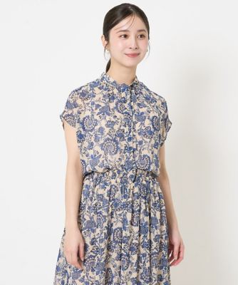 【小さいサイズ】更紗プリント花柄シフォンブラウス／前後２ｗａｙ／洗える