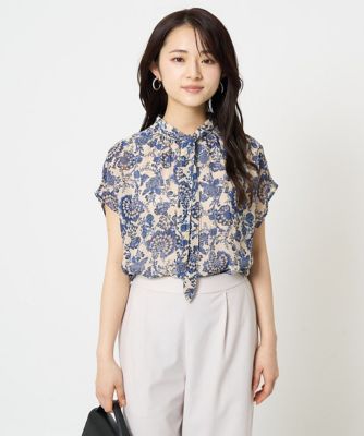 【小さいサイズ】更紗プリント花柄シフォンブラウス／前後２ｗａｙ／洗える