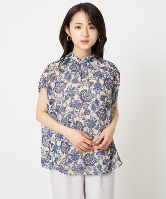 【小さいサイズ】更紗プリント花柄シフォンブラウス／前後２ｗａｙ／洗える