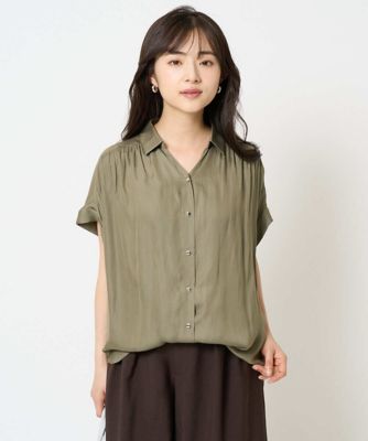 【小さいサイズ】メタル釦デザイン　サテン地ブラウス／接触冷感／洗える