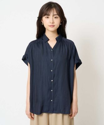【小さいサイズ】メタル釦デザイン　サテン地ブラウス／接触冷感／洗える