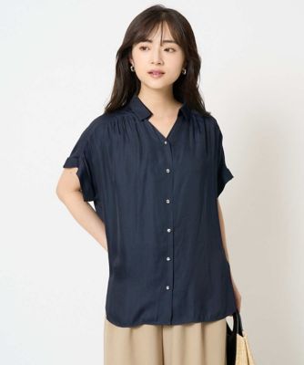【小さいサイズ】メタル釦デザイン　サテン地ブラウス／接触冷感／洗える