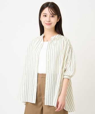 ＜MK MICHEL KLEIN（Women/小さいサイズ）＞【小さいサイズ】コットンストライプバンドカラーシャツブラウス／洗える