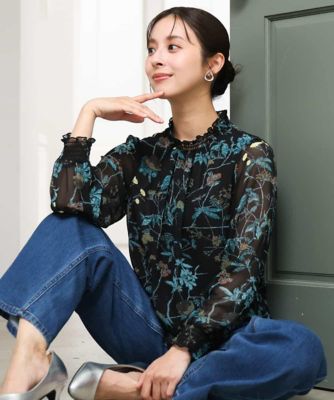 小さいサイズ】［セットアップ］［洗える］水彩花柄シフォンブラウス