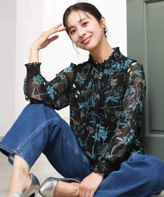 ✨美品✨2025年　パラスパレス　水彩　花柄　シャツ　ブラウス　3　日本製　総柄 小さいサイズ】［セットアップ］［洗える］水彩花柄シフォンブラウス