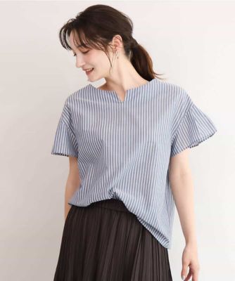 MK MICHEL KLEIN (Women/小さいサイズ)/エムケーミッシェルクラン 【小さいサイズ】［接触冷感／通気性／透湿性／洗える］ストライプ柄フレアスリーブブラウス