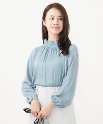 【小さいサイズ】シャーリングネックデザインサテンブラウス/洗える 小さいサイズ】シャーリングネックデザインサテンブラウス