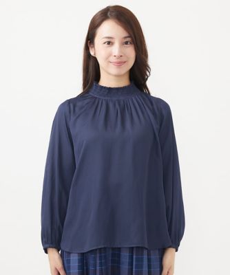 【小さいサイズ】シャーリングネックデザインサテンブラウス/洗える 小さいサイズ】シャーリングネックデザインサテンブラウス