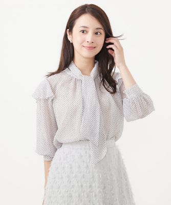 【小さいサイズ】ボウタイ付きドット柄シアーブラウス／洗える