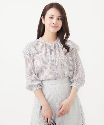 【小さいサイズ】ボウタイ付きドット柄シアーブラウス／洗える