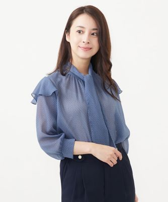 【小さいサイズ】ボウタイ付きドット柄シアーブラウス／洗える