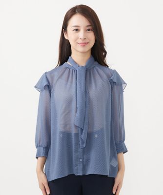 【小さいサイズ】ボウタイ付きドット柄シアーブラウス／洗える