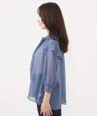 【小さいサイズ】ボウタイ付きドット柄シアーブラウス／洗える