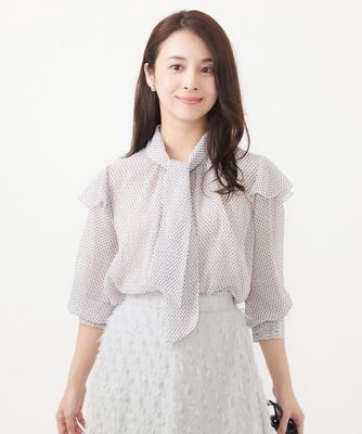 【小さいサイズ】ボウタイ付きドット柄シアーブラウス／洗える