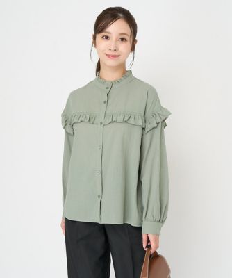 ラッフルカラーデザイン七分袖ブラウス/洗える/WEB限定サイズ