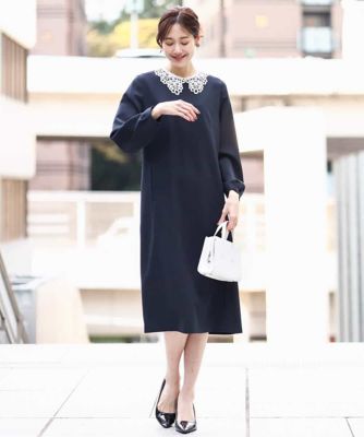 ガーリッシュ マドレーヌワンピース サックス 小さいサイズ】レース襟付きサックワンピース／防シワ／洗える | MK