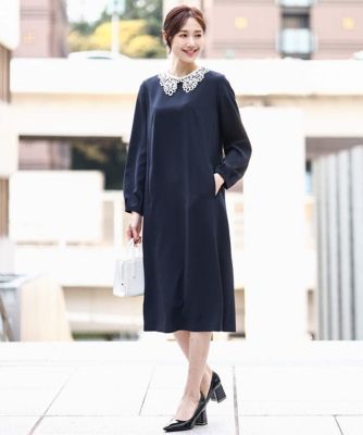 小さいサイズ】レース襟付きサックワンピース／防シワ／洗える | MK