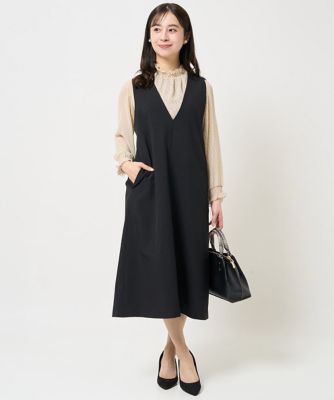 MK MICHEL KLEIN（Women/小さいサイズ）/エムケーミッシェルクラン 【小さいサイズ】リネンライクＶネックジャンパースカート／洗える