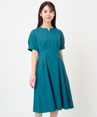 小さいサイズ】ウエストタックキーネックワンピース／洗える