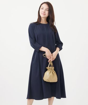 【小さいサイズ】フロントピンタック　バンドカラーワンピース／洗える
