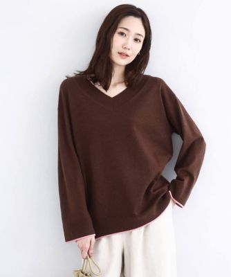 配色ラインＶネックニット／洗える